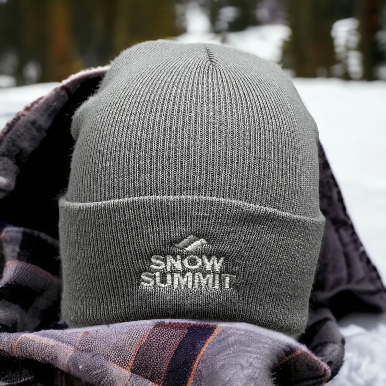 A gray beanie with folded brim and embroidered snow summit logo.